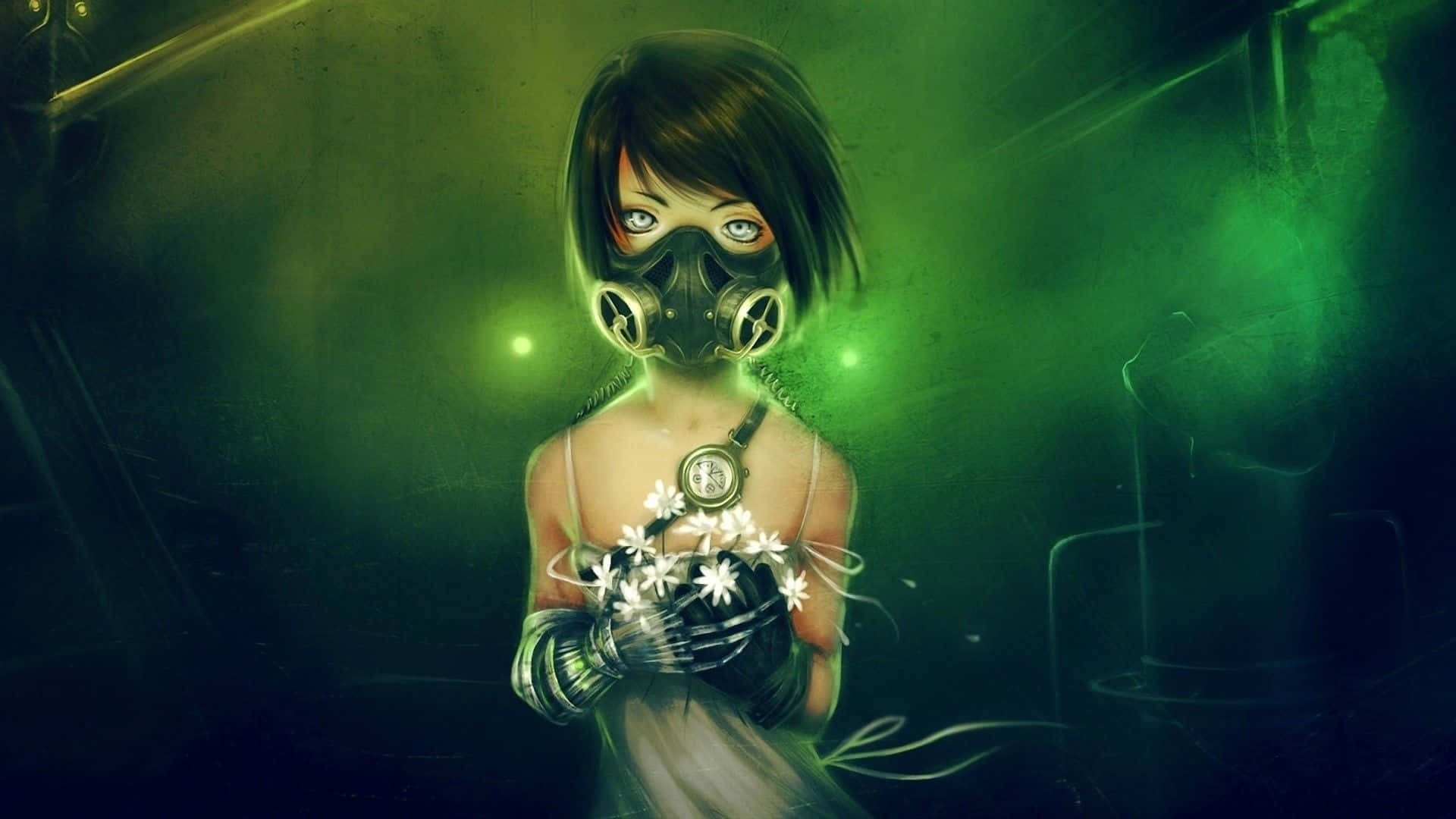 Green Anime Girl Wearing Gas Mask Background