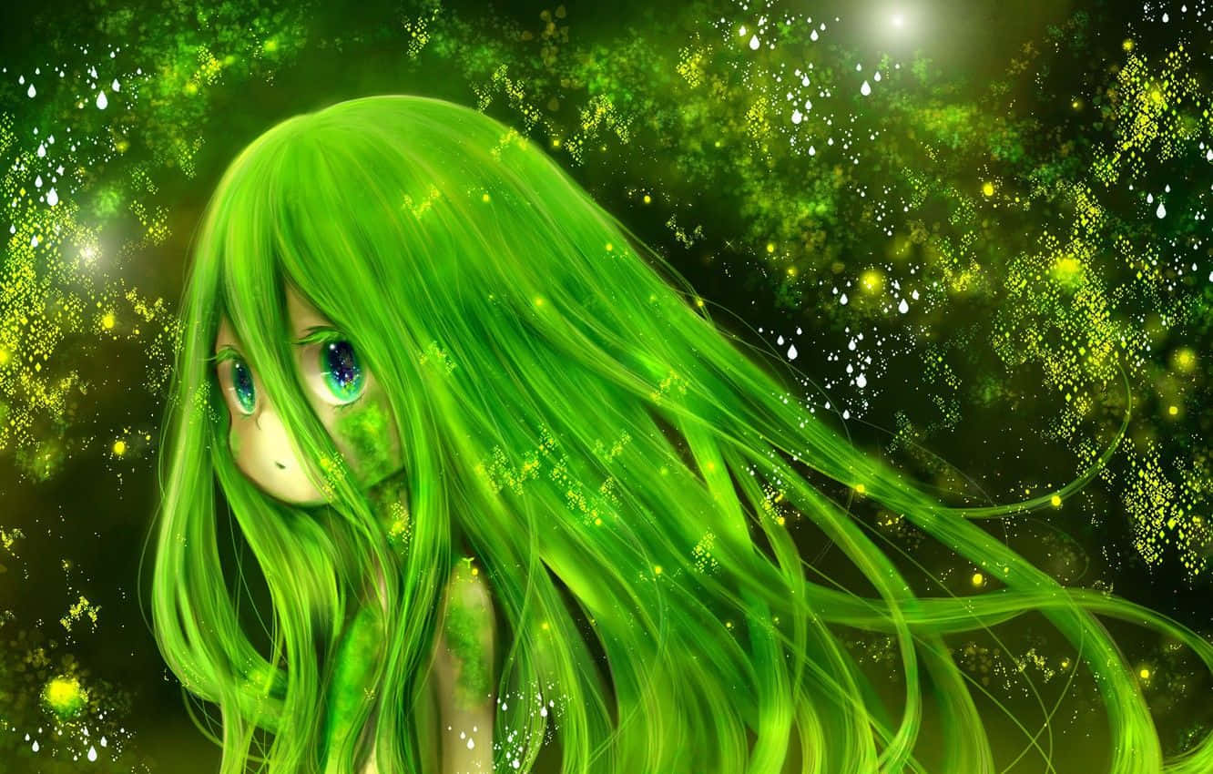 Green Anime Girl With Green Hair Background