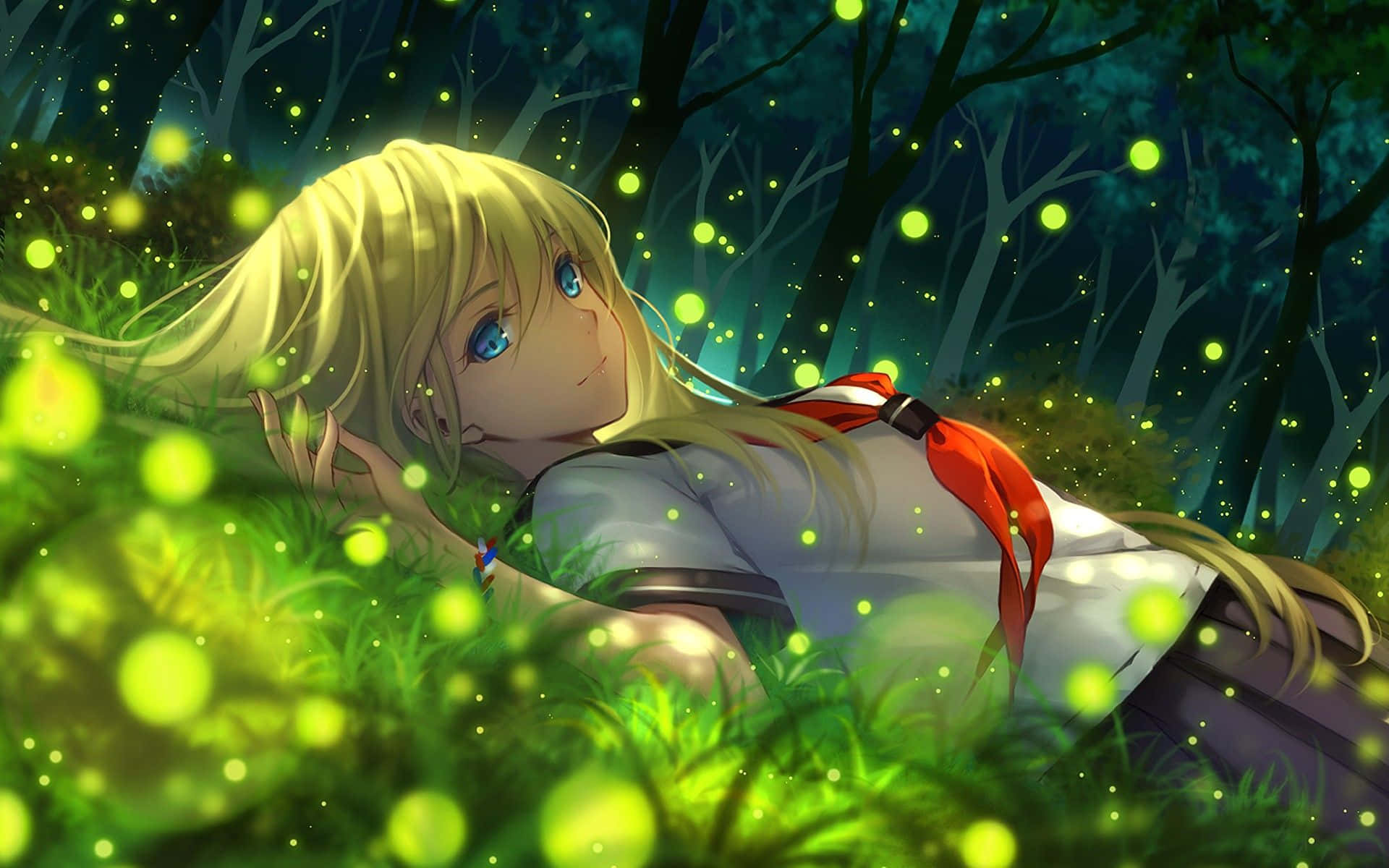 Green Anime Schoolgirl In Forest Background