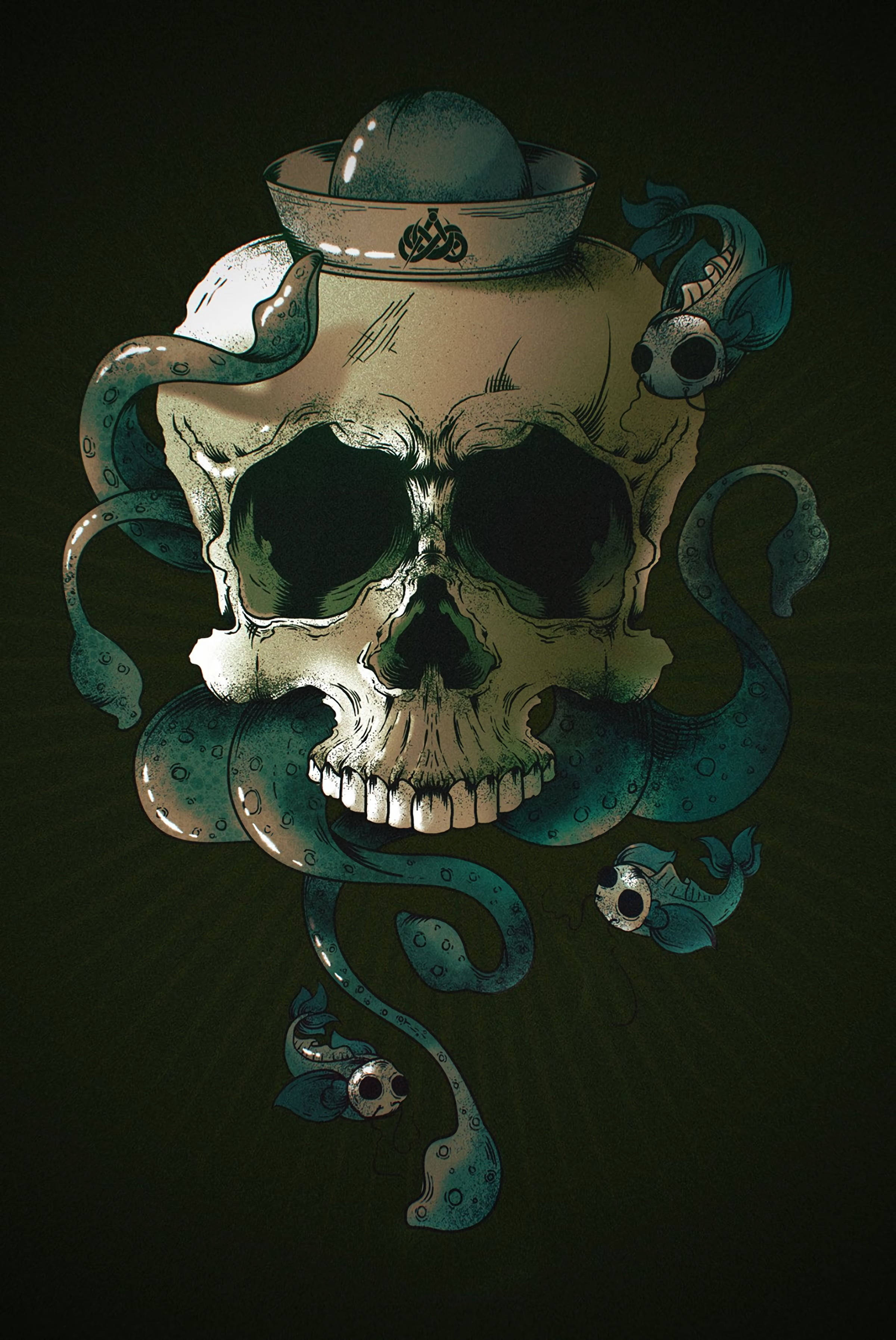 Green Cap Skeleton Aesthetic With Squid Tentacles Background
