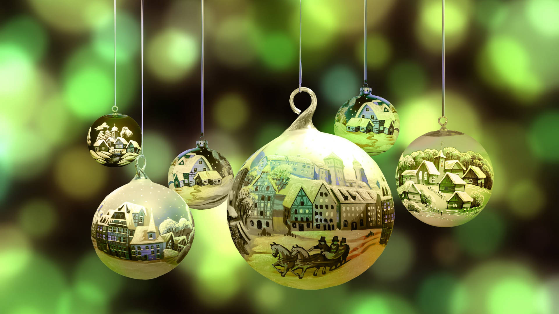 Green Christmas Balls With Snowy Landscape Background