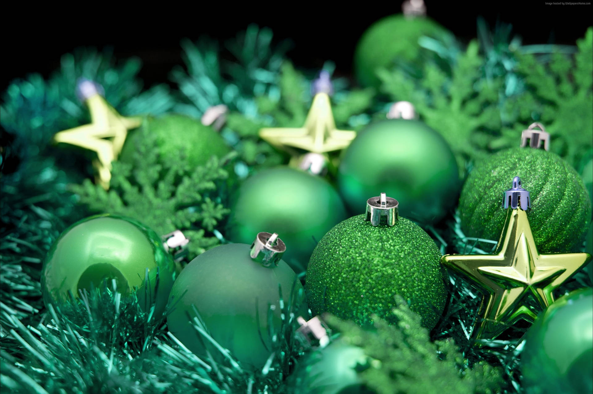 Green Christmas Balls With Stars Background