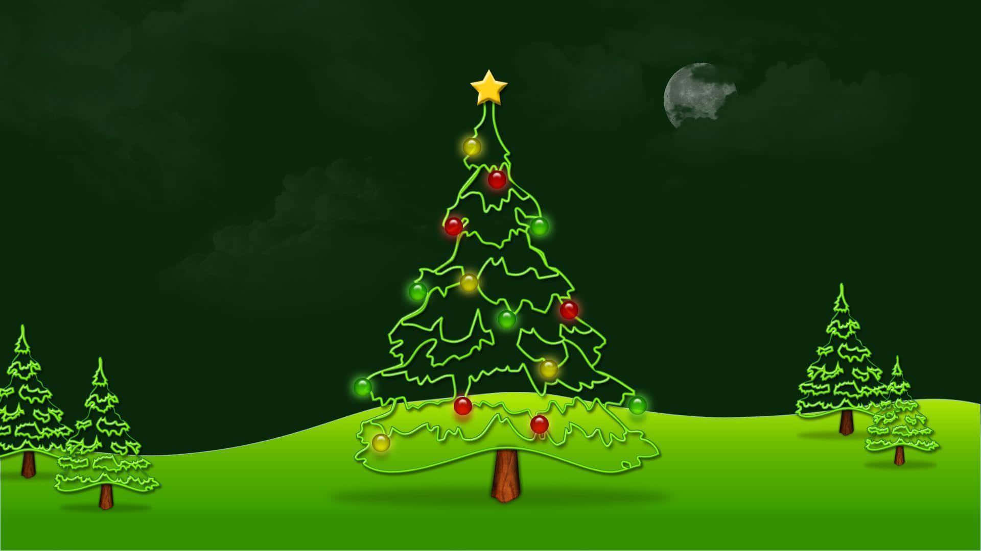 Green Christmas Trees Under Night Sky Background