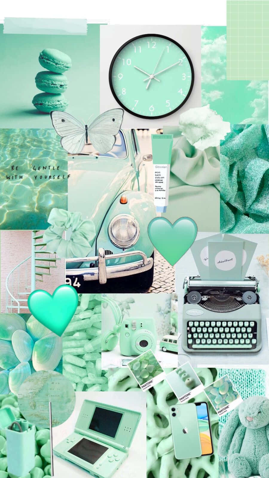 Green Collage Clock Typewriter Hearts