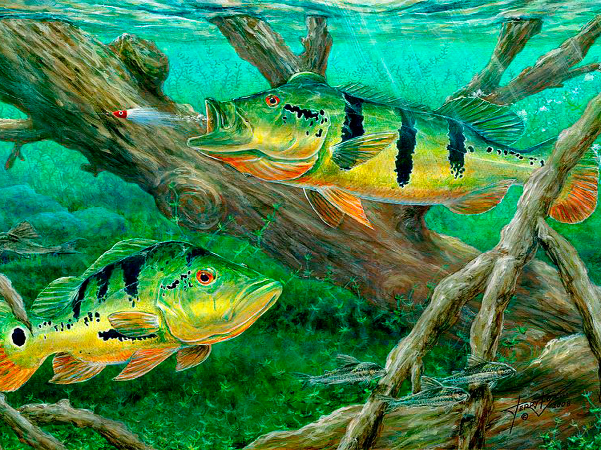 Green Cool Fishes Paint Art Background