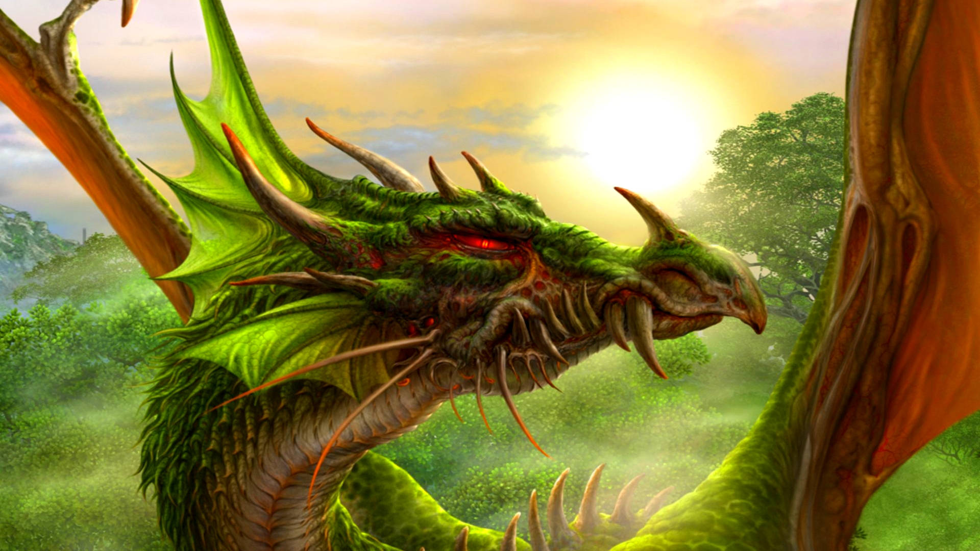 Green Dragon Sunset Forest Background