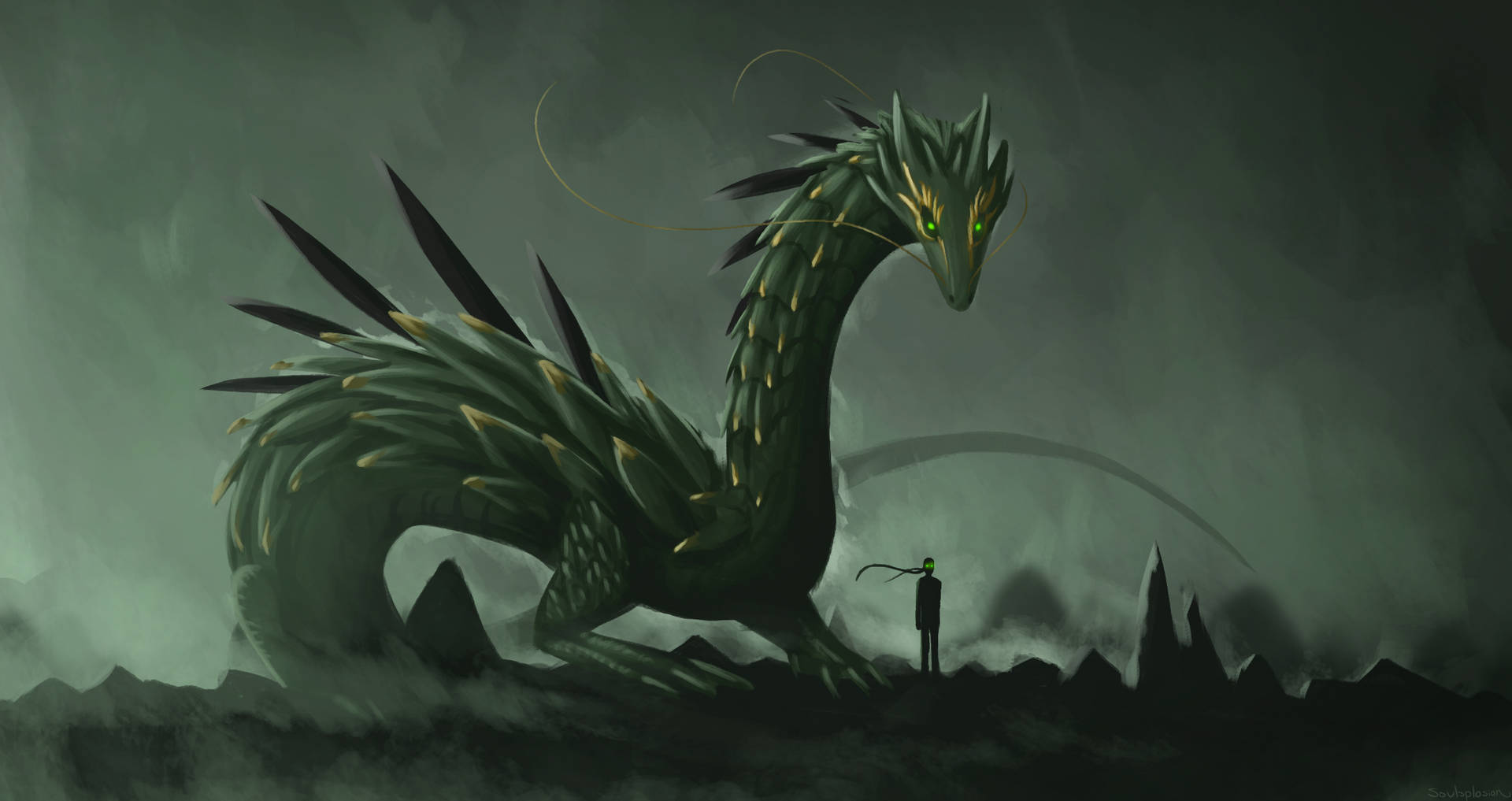 Green Dragon With Human Background