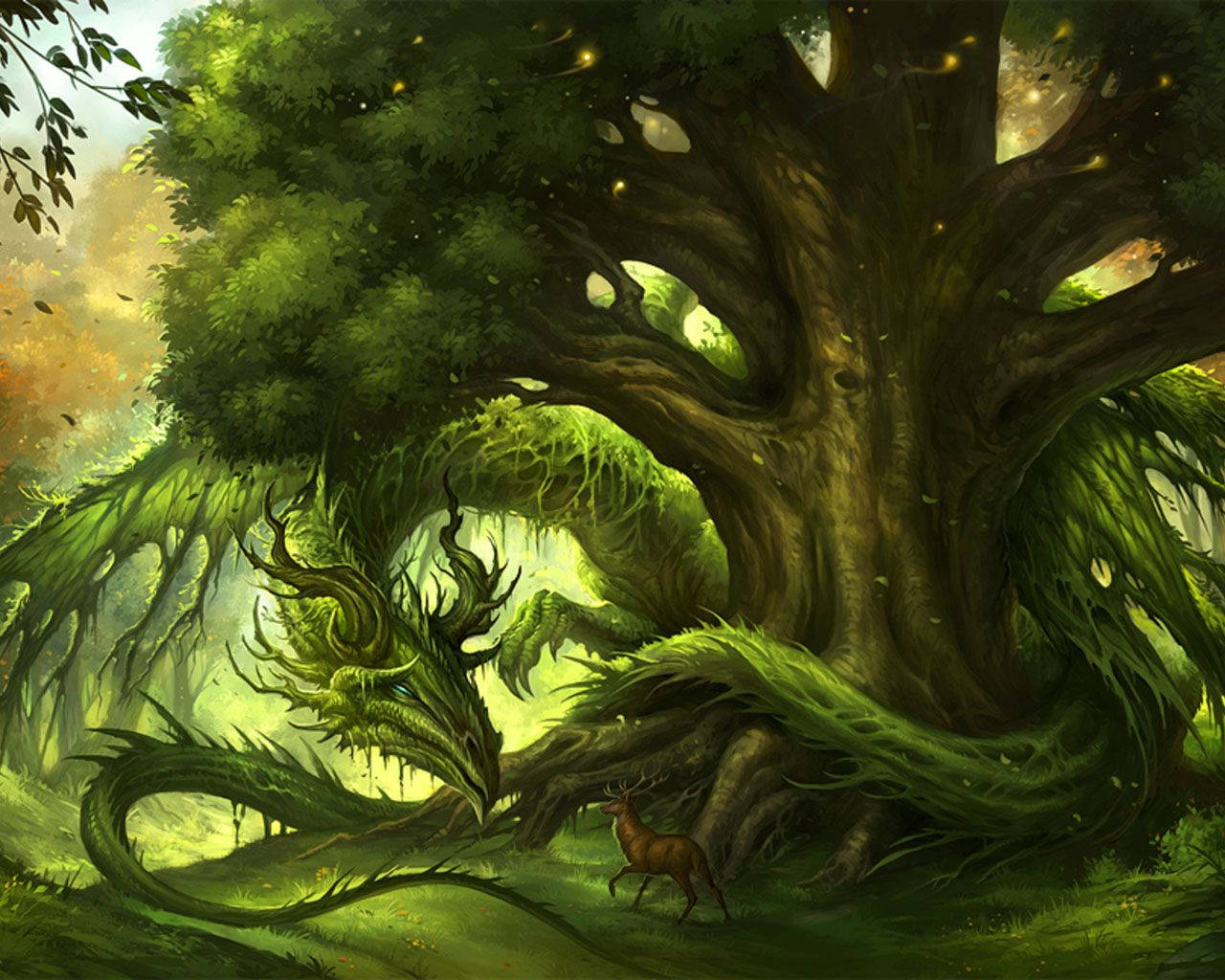 Green Earth Dragon Coil On Tree Background