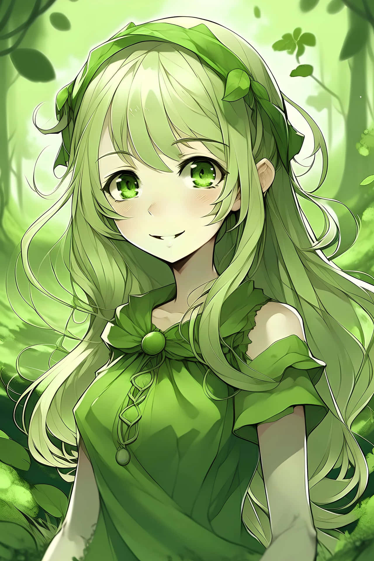 Green Eyed Anime Girlin Nature Background