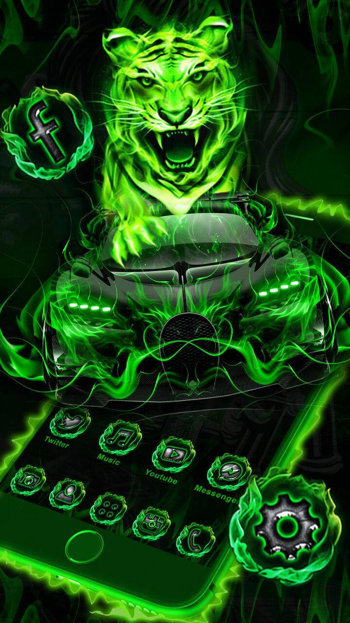 Green Fire Car With Tiger And Iphone