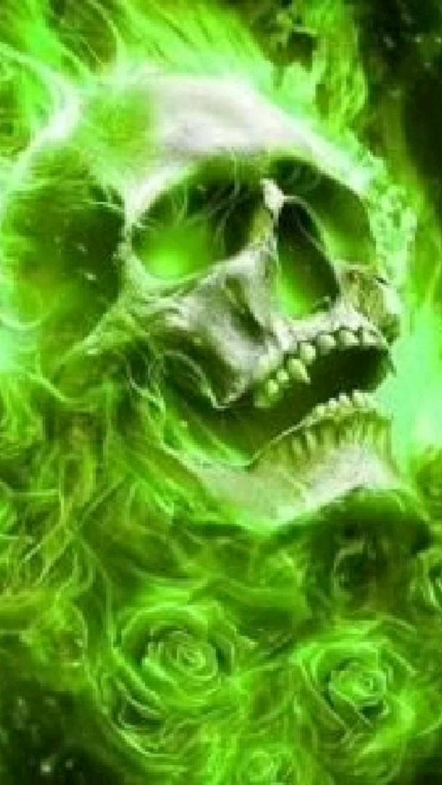 Green Fire Skull And Roses Background