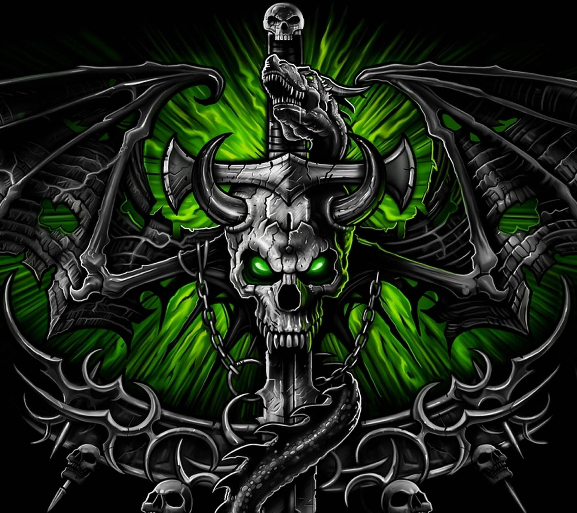 Green Fire Skull Chain Background