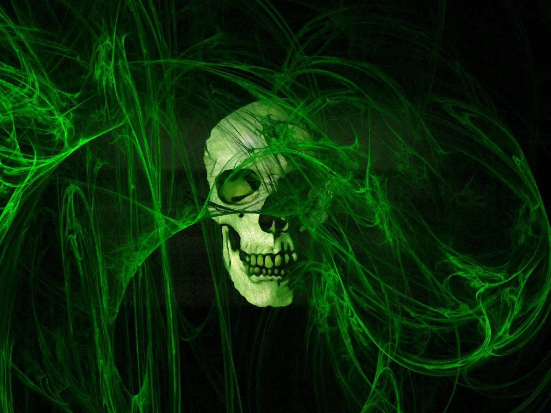 Green Fire Skull Thin Smoke Background