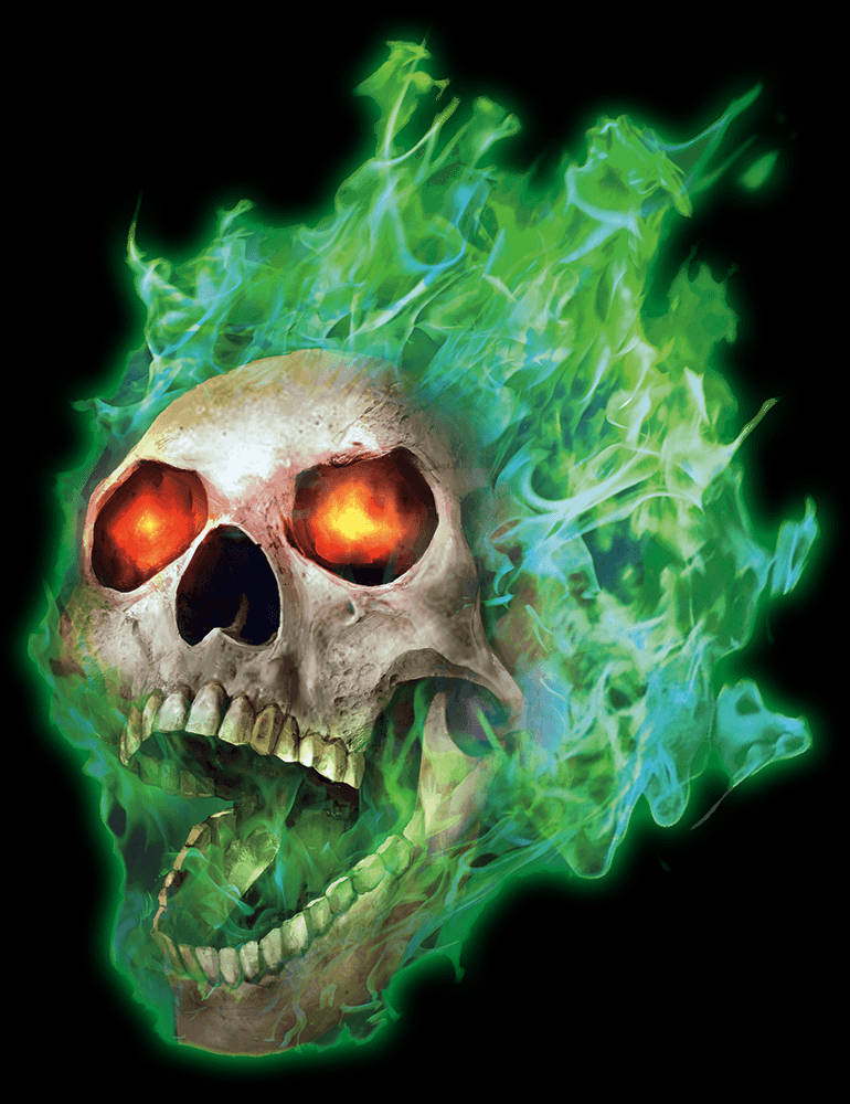 Green Fire Skull With Flaming Eyes Background