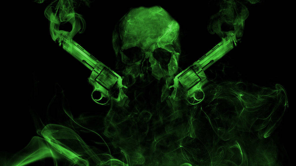 Green Fire Skull With Guns Background