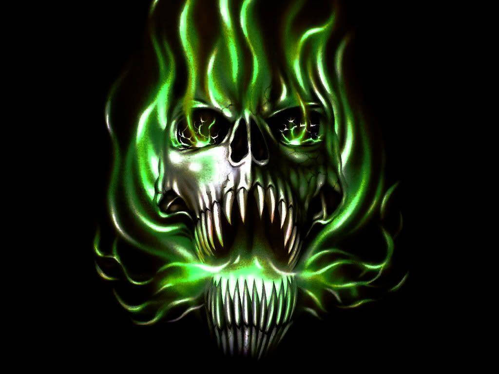 Green Fire Skull With Open Mouth Background