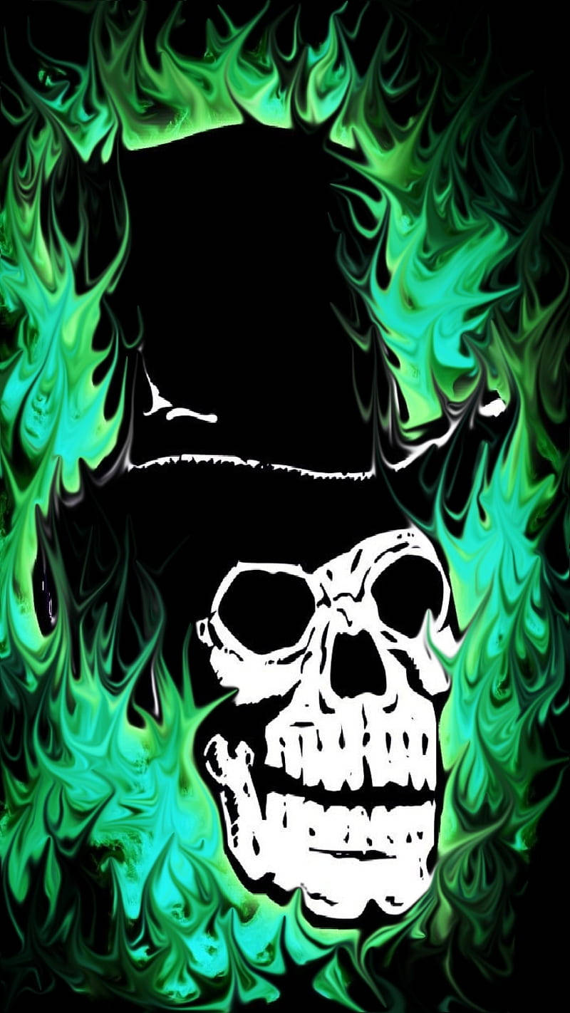 Green Fire Skull With Top Hat Background