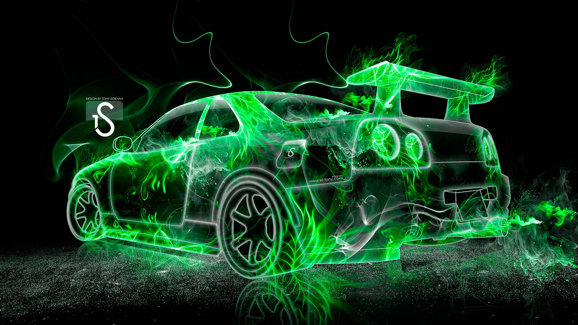 Green Fire Sports Car Background