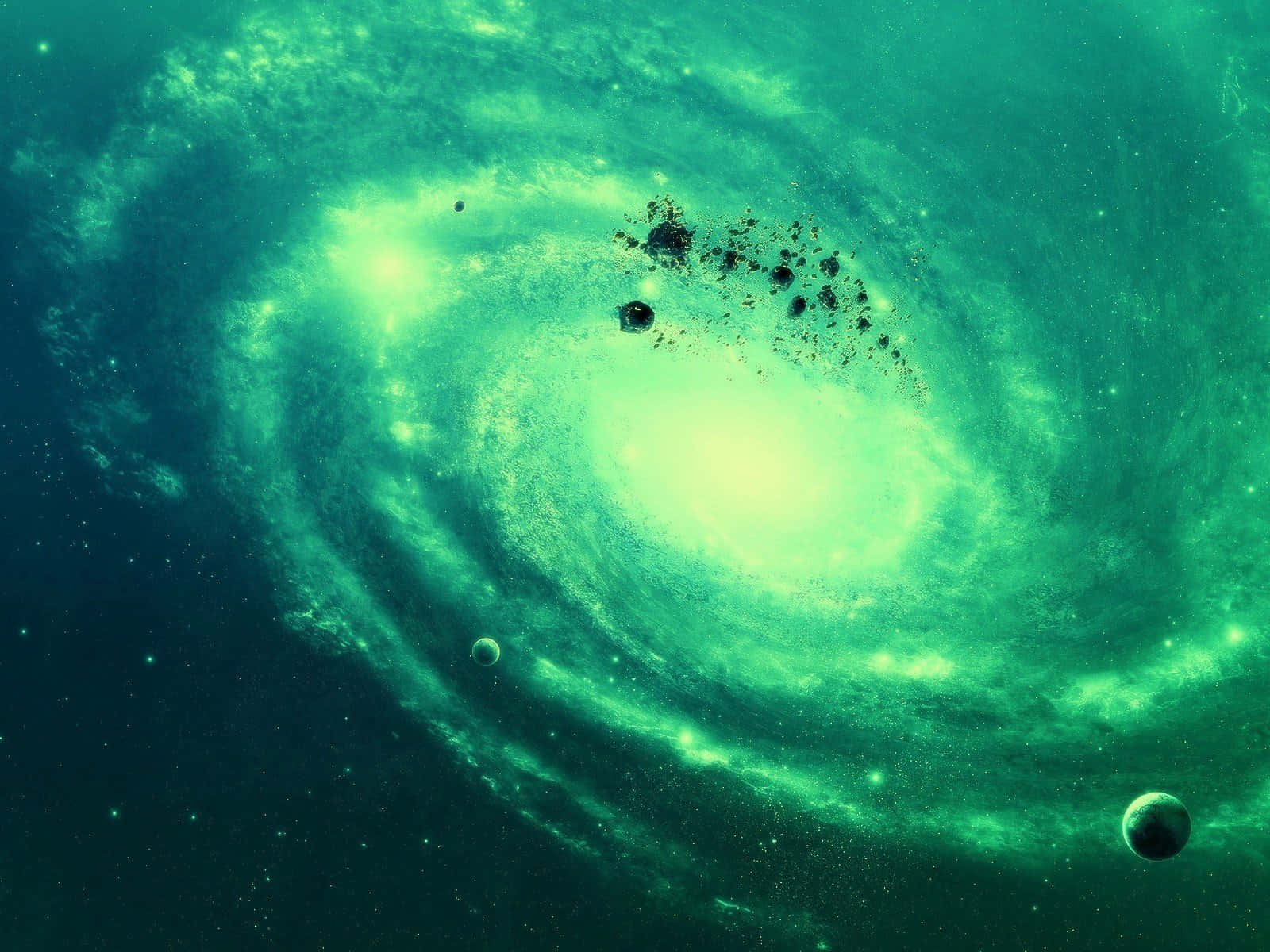 Green Galaxy Floating Planets Background