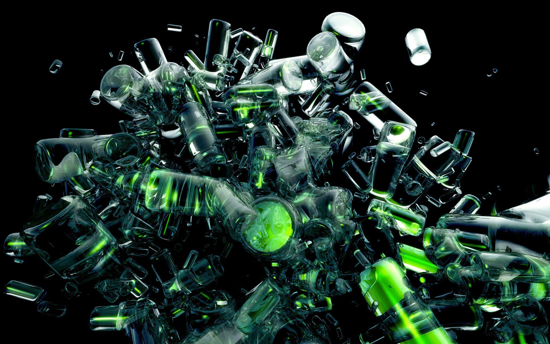 Green Glass Bottles Falling Down On A Black Background