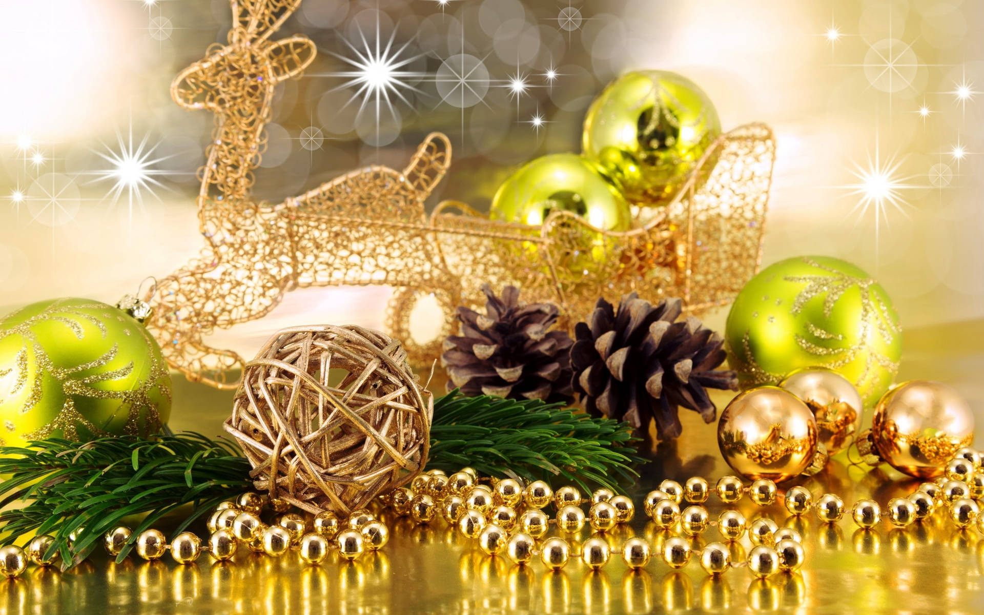 Green Gold Christmas Balls With Reindeer Background