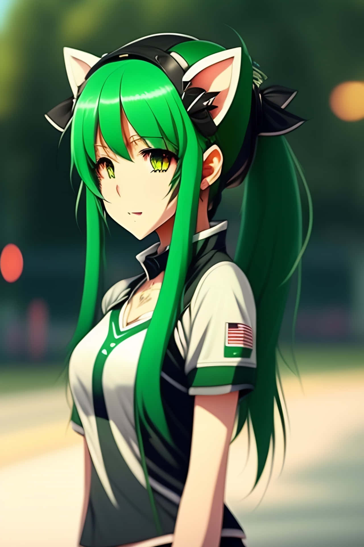 Green Haired Anime Girl With Cat Ears