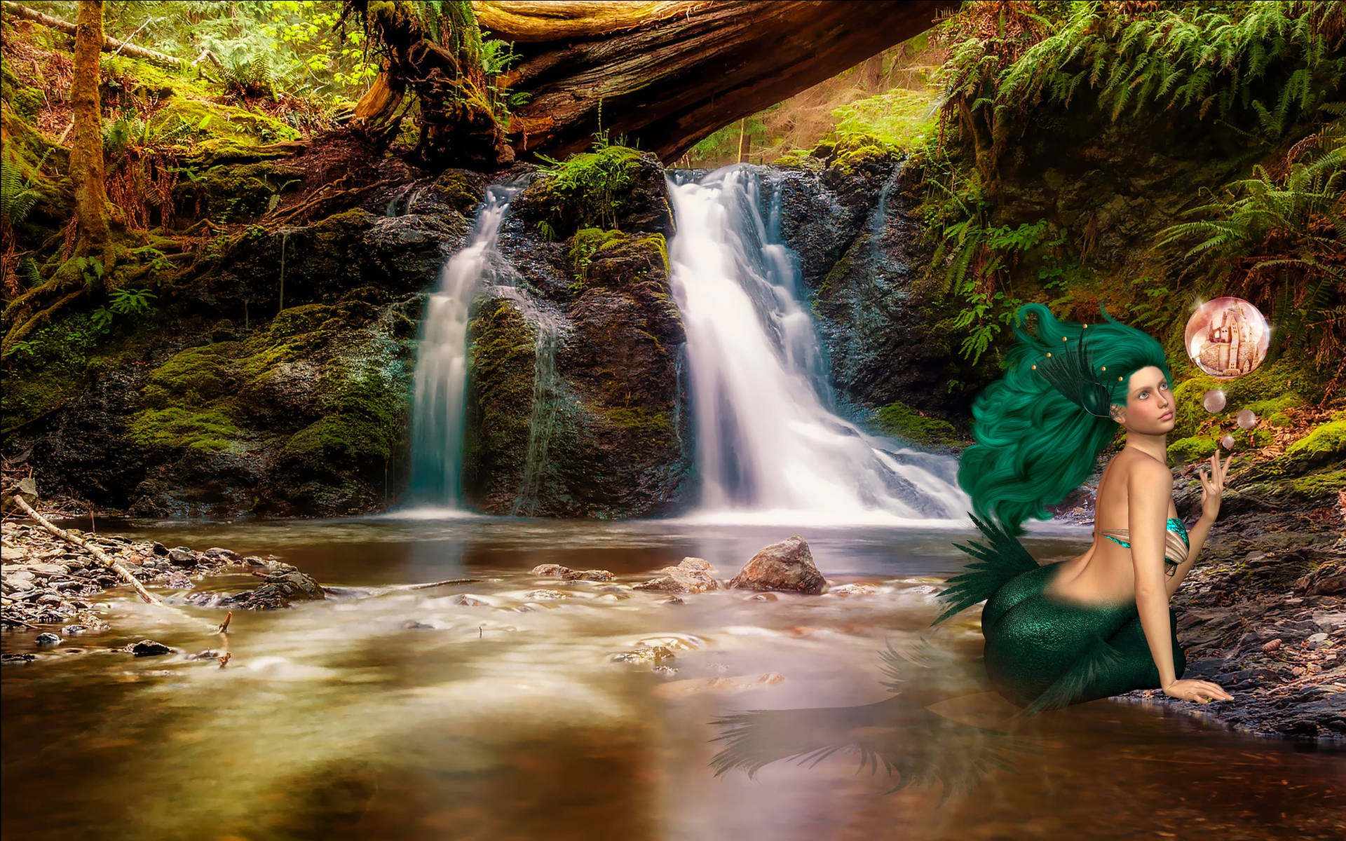Green Haired Mermaid Mythical Creature Background