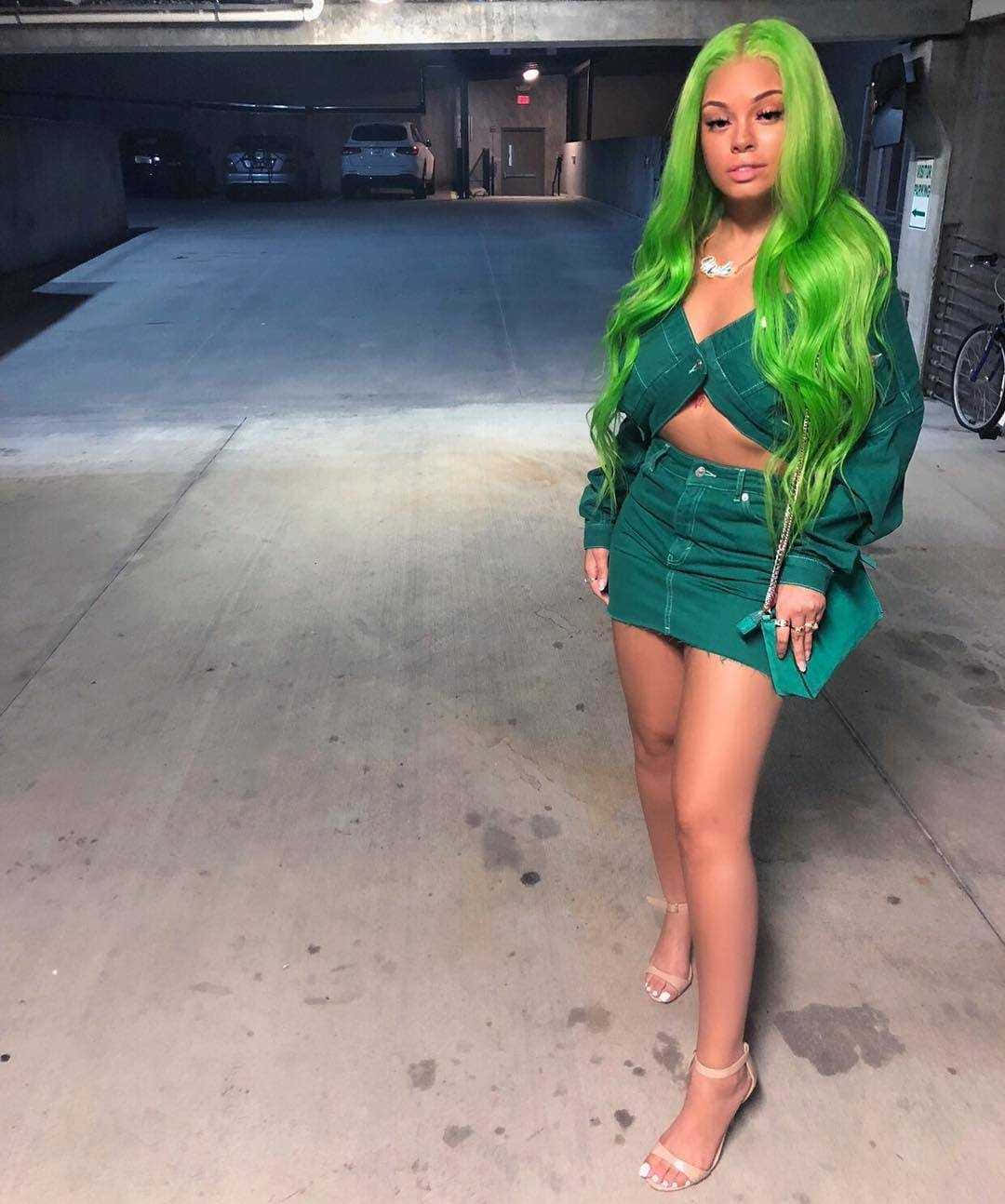 Green Haired Womanin Parking Garage Background