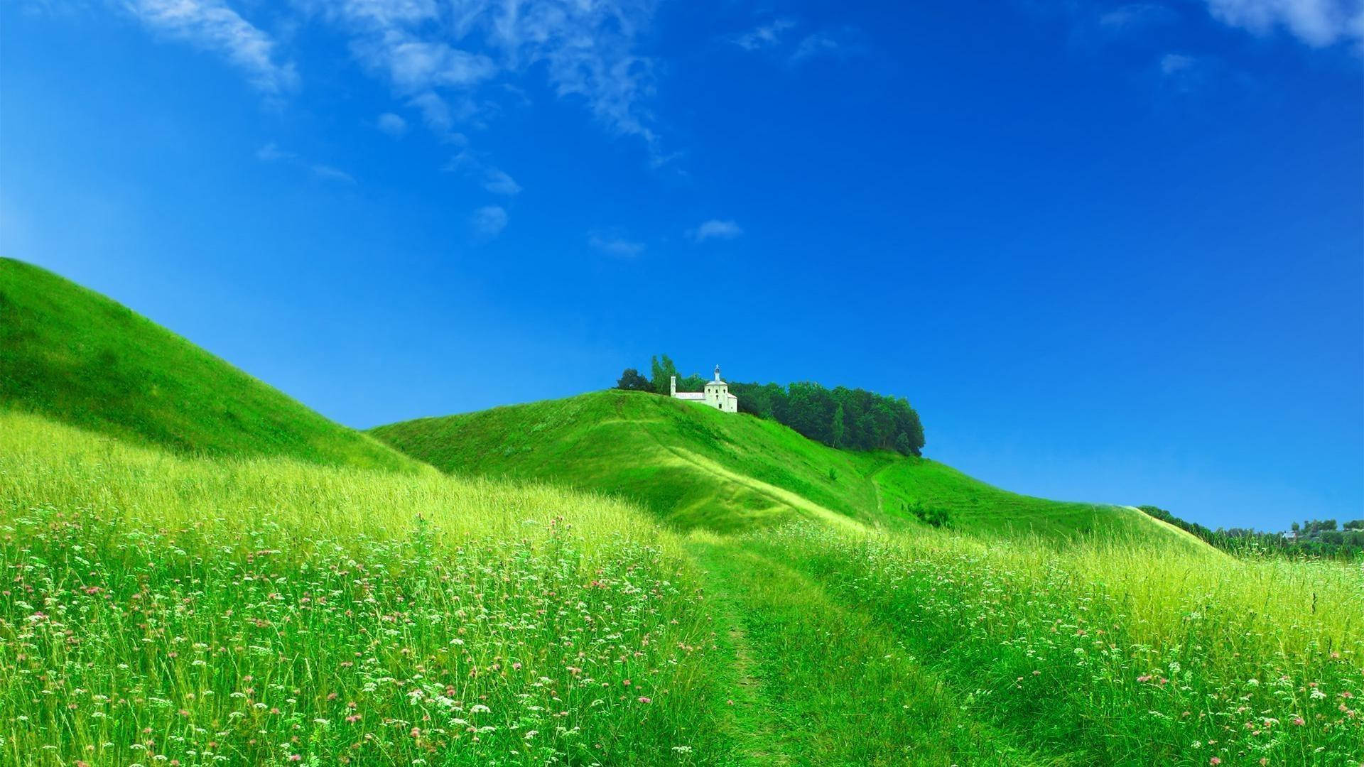 Green Hill With White Church Background