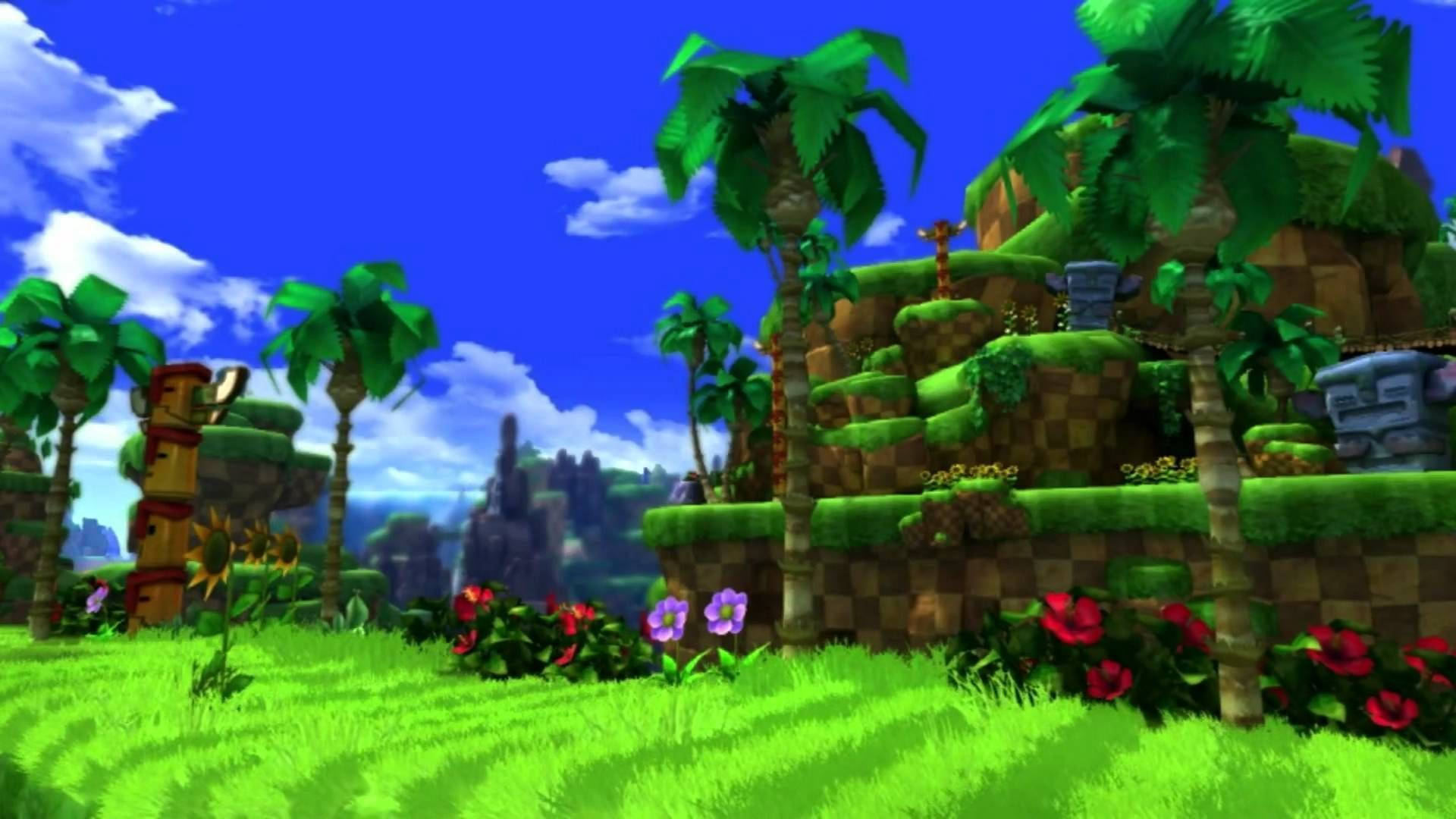 Green Hill Zone With Red Flowers Background