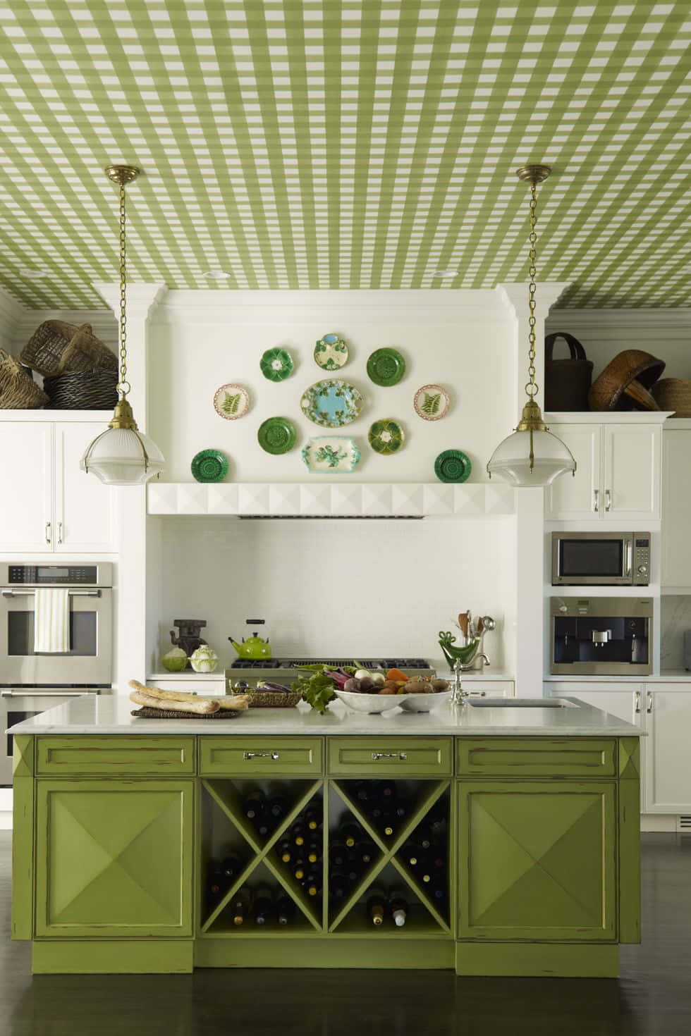 Green Kitchen With White Cabinets And Green Ceiling Background