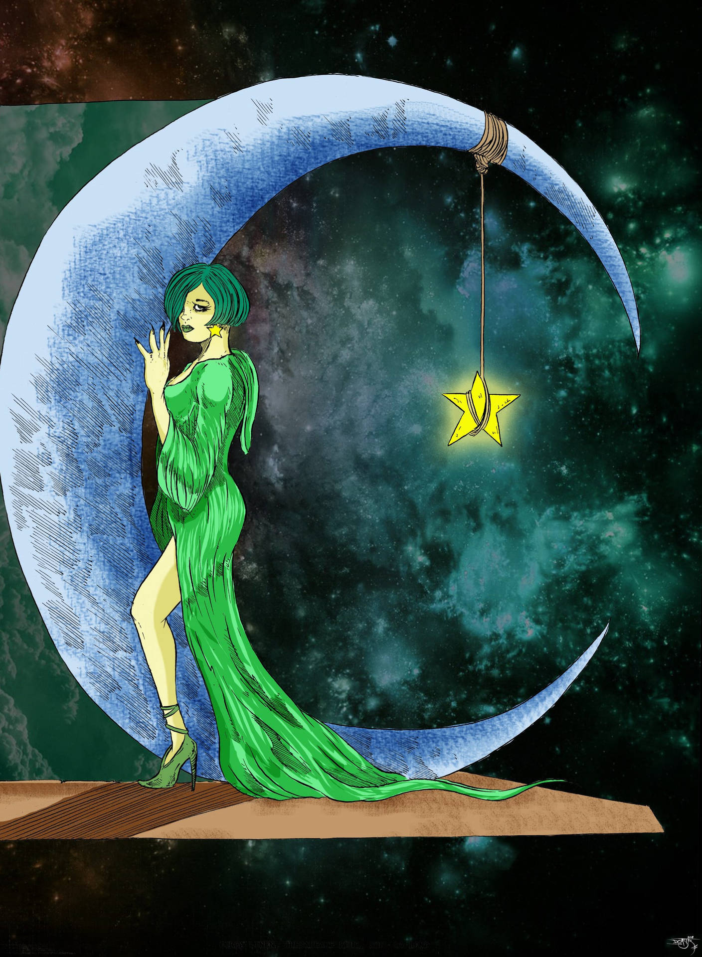 Green Lady Moon And Stars Background