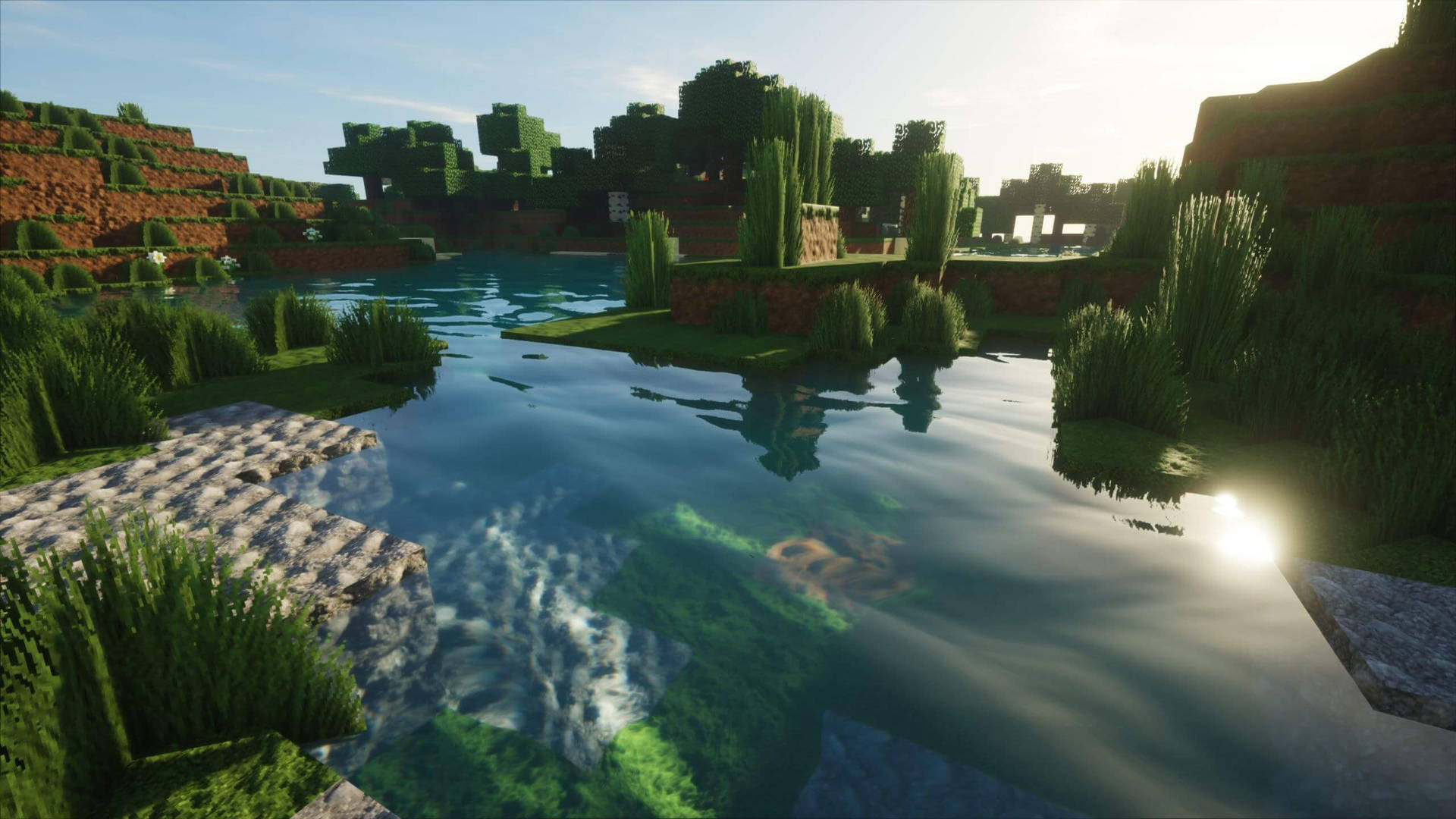 Green Landscape Clear Water Best Minecraft Background