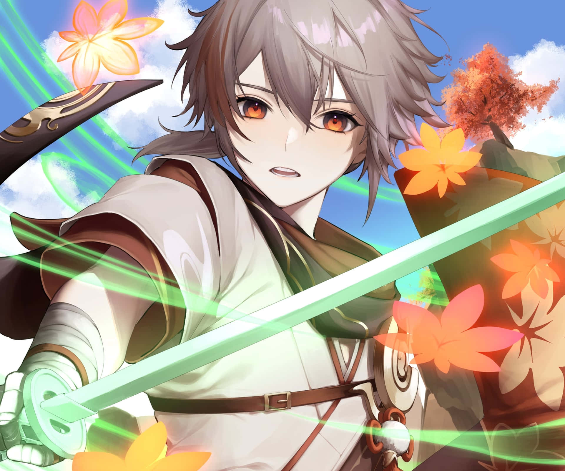 Green Lightning Blade Of Genshin Impact Kazuha Background