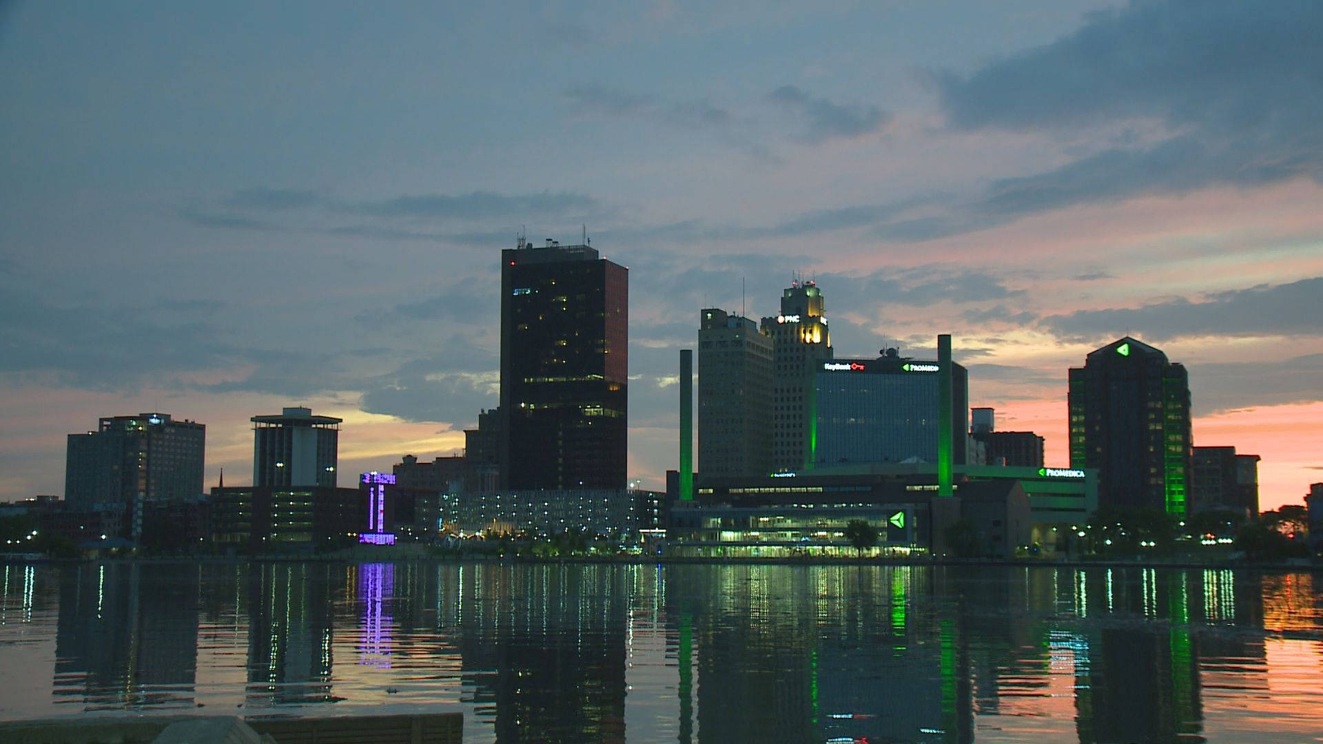 Green Lights Reflecting In Toledo's Maumee River