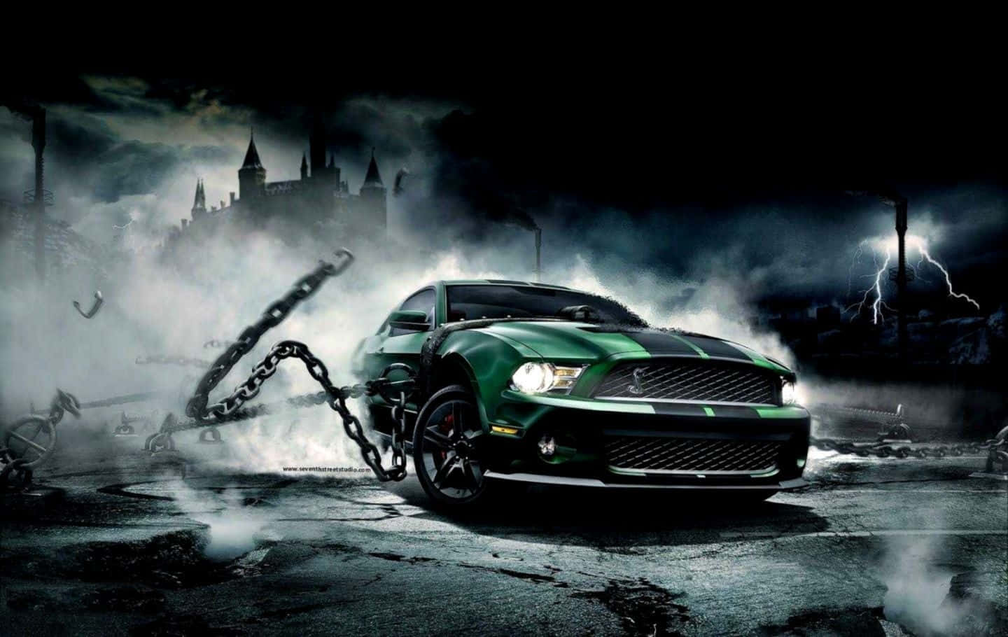 Green Mustang Street Racing Car Background