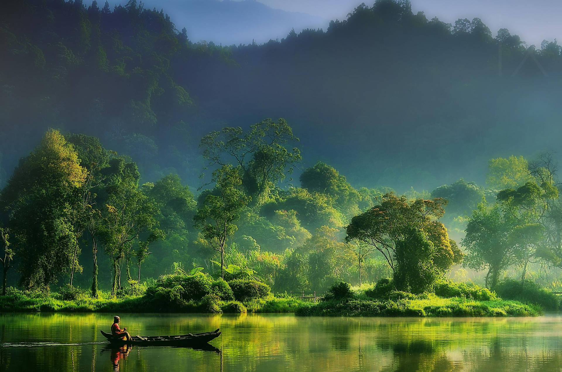 Green Nature Traditional Fisherman Painting Background