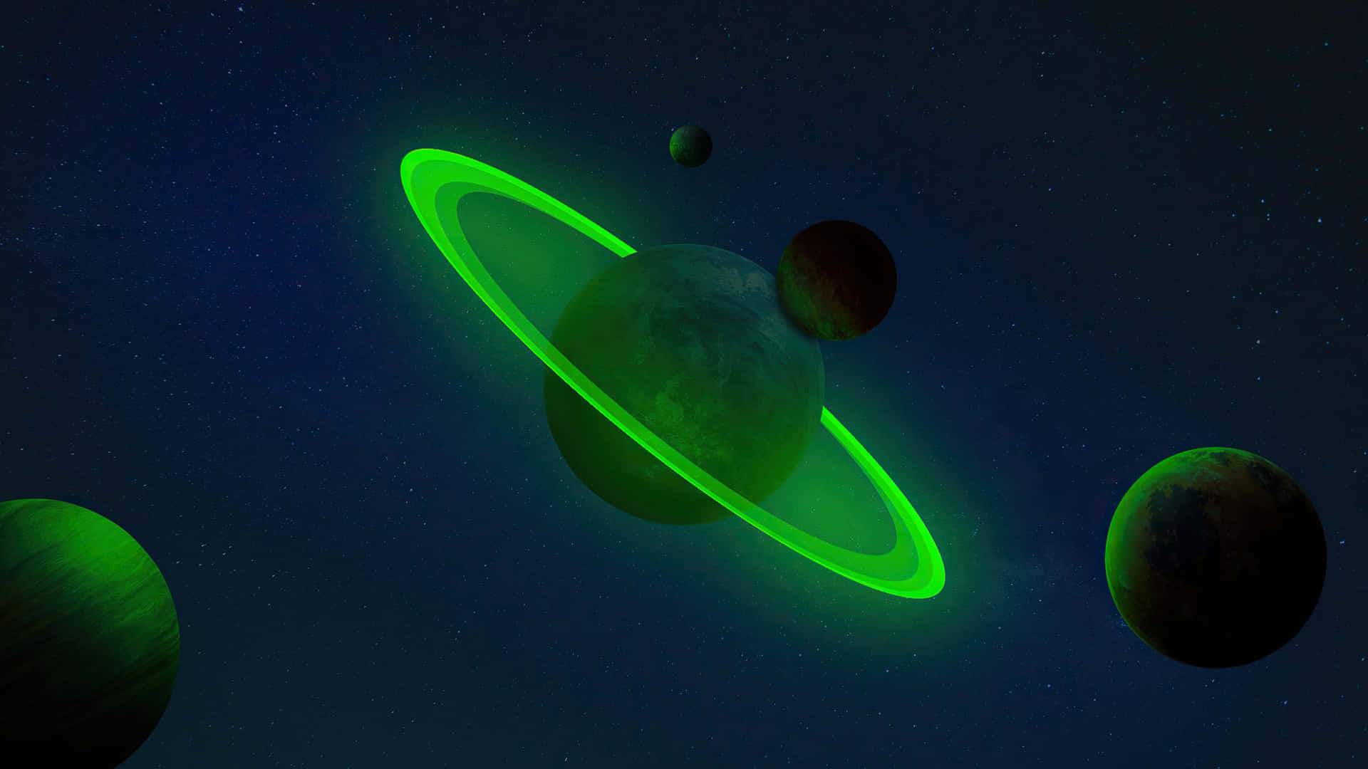 Green Planets And Rings In The Sky Background