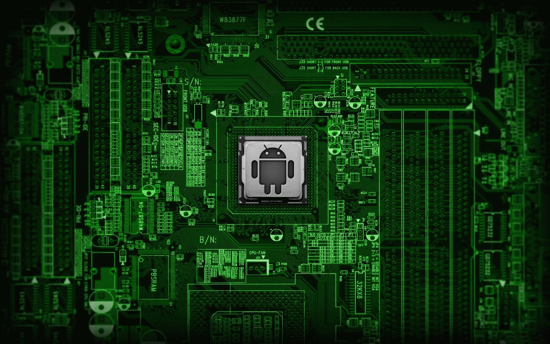 Green Power: A Close-up Of An Android Motherboard With Vibrant And Vivid Green Circuit Traces Background