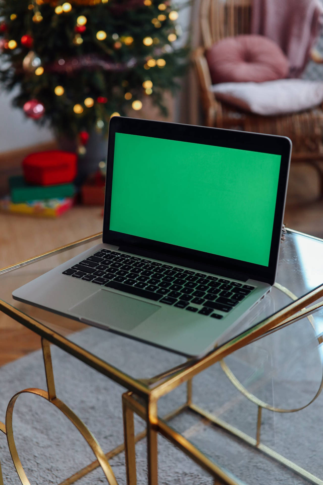 Green Screen Laptop On A Table Background
