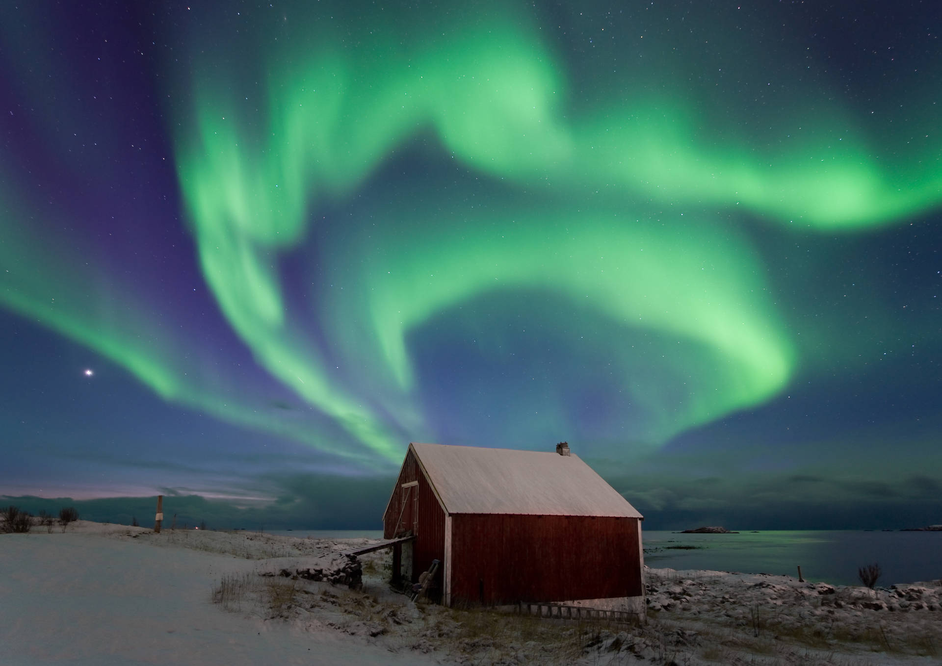 Green Sky With Red Cabin Background