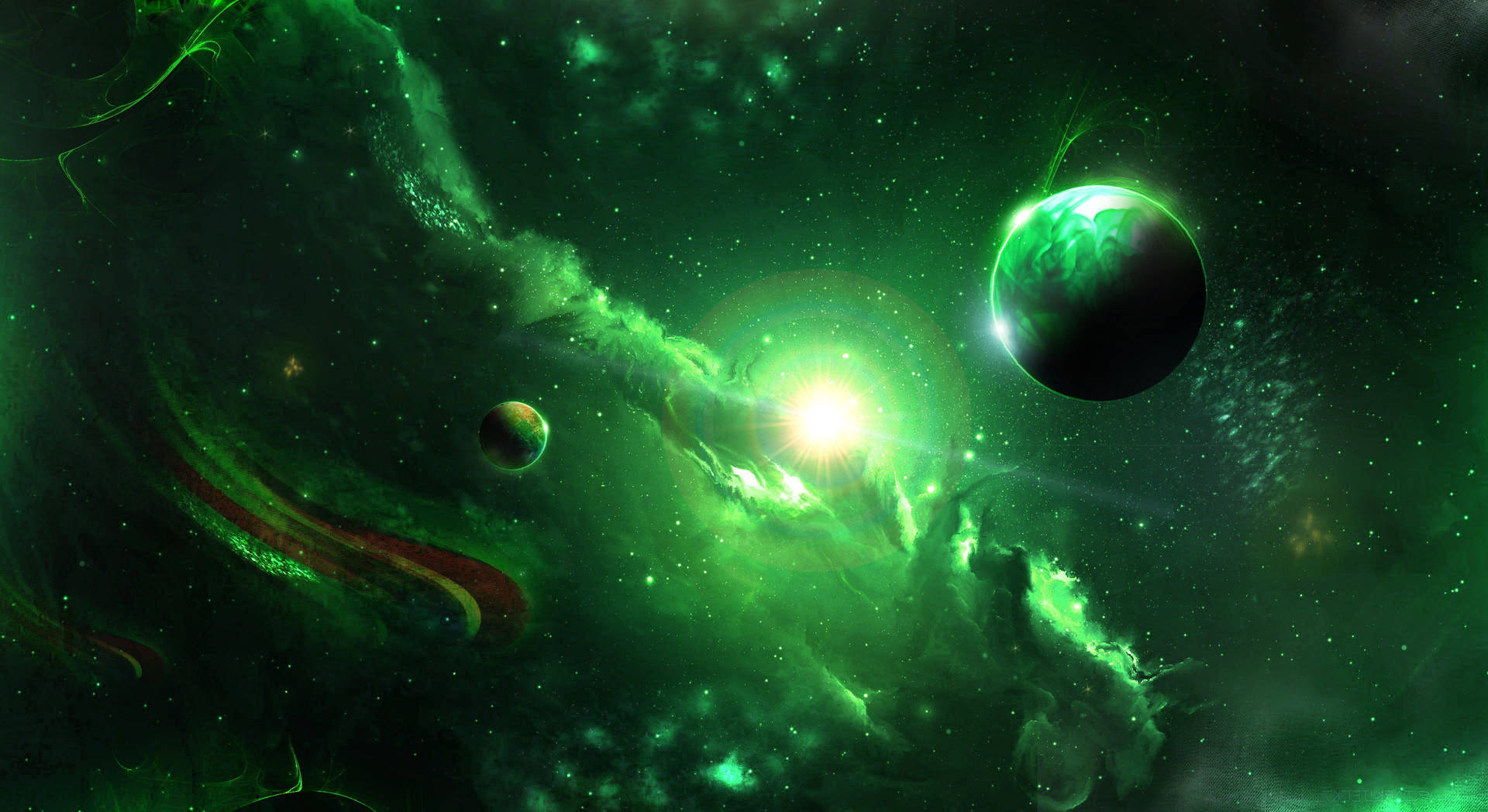 Green Space Planets And Sun Background