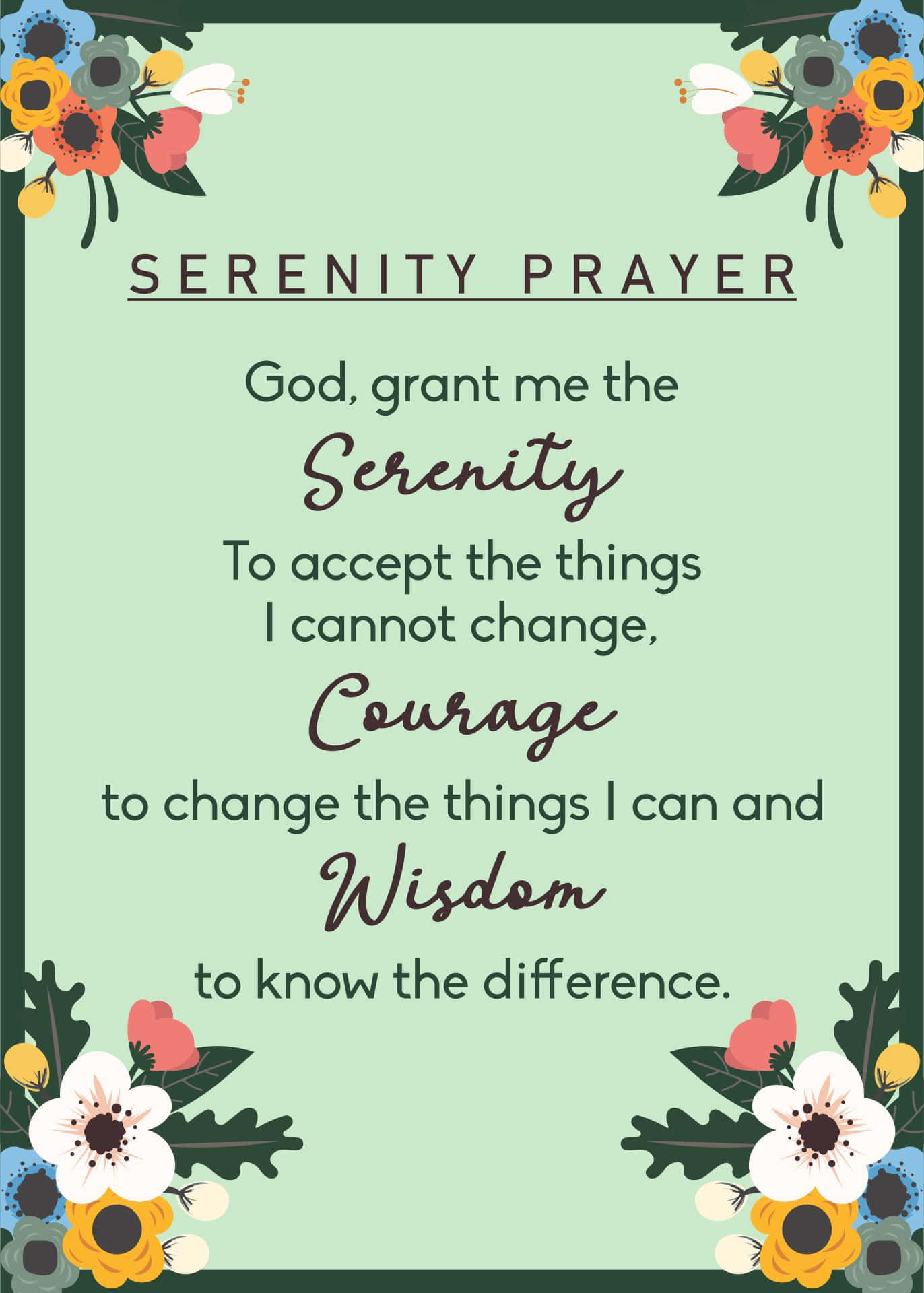 Green Stationery Serenity Prayer With Flowers Background