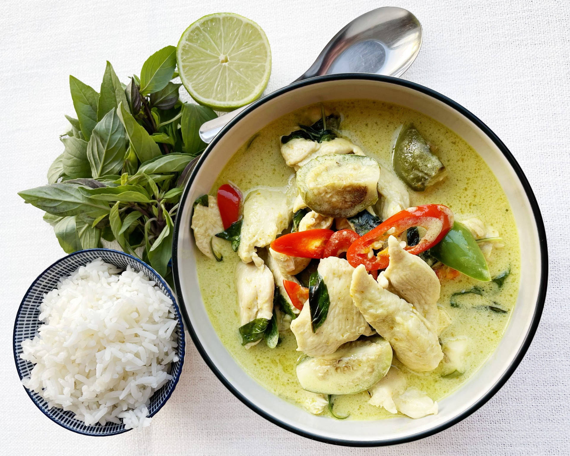 Green Thai Curry Chicken With Rice Background