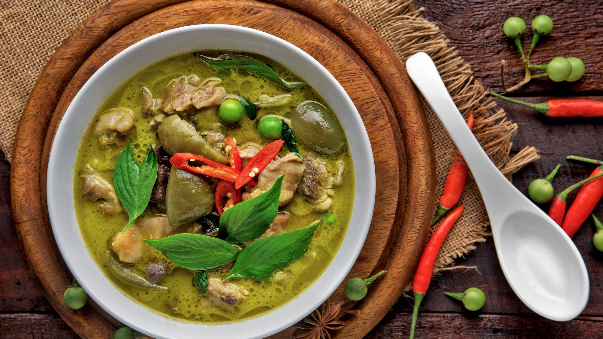 Green Thai Curry With Chili Top Angle Shot Background