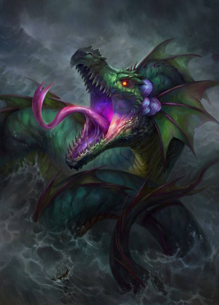 Green Water Dragon With Purple Tongue Background