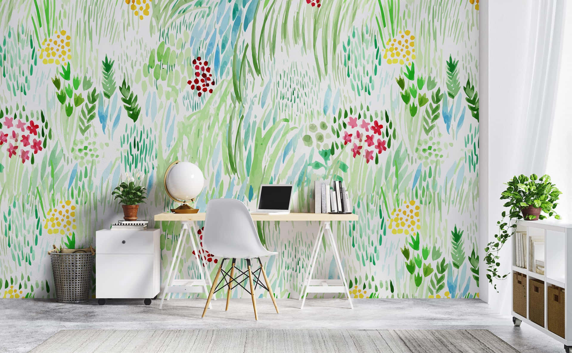 Green Watercolor Floral Living Room Background