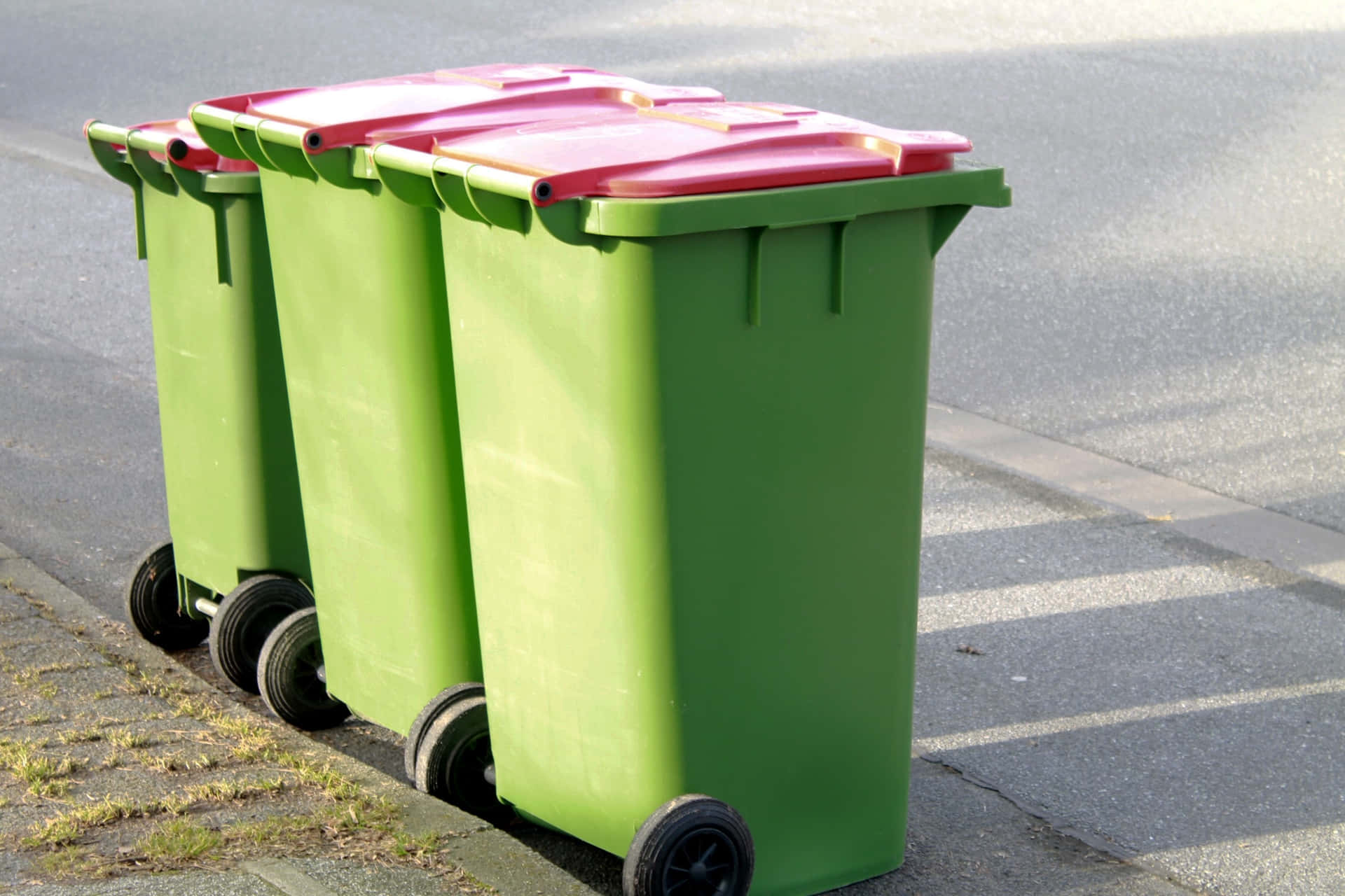 Green Wheelie Trash Can With Red Lid Background