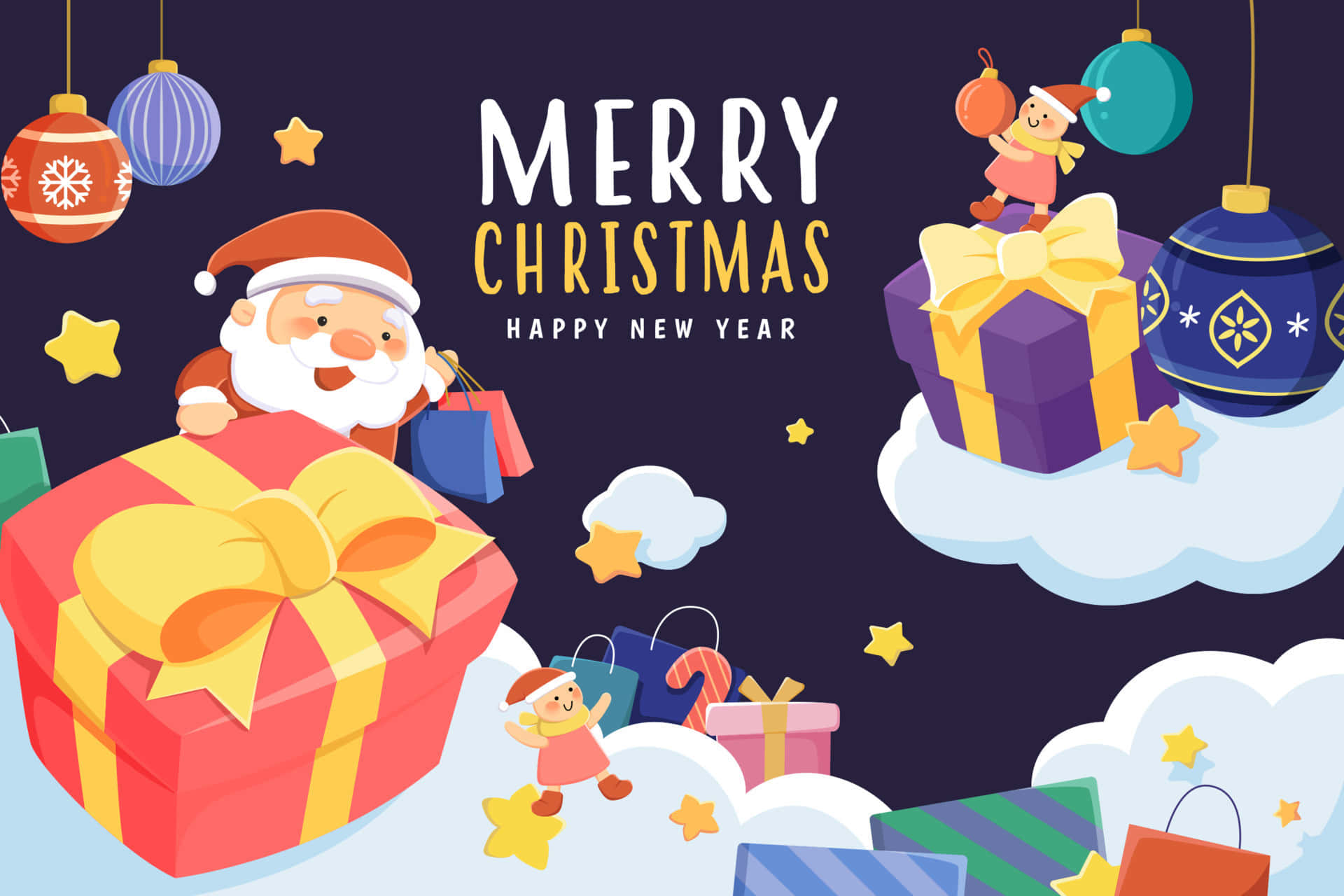 Greeting Card With Christmas Elves, Santa, And Gifts Background