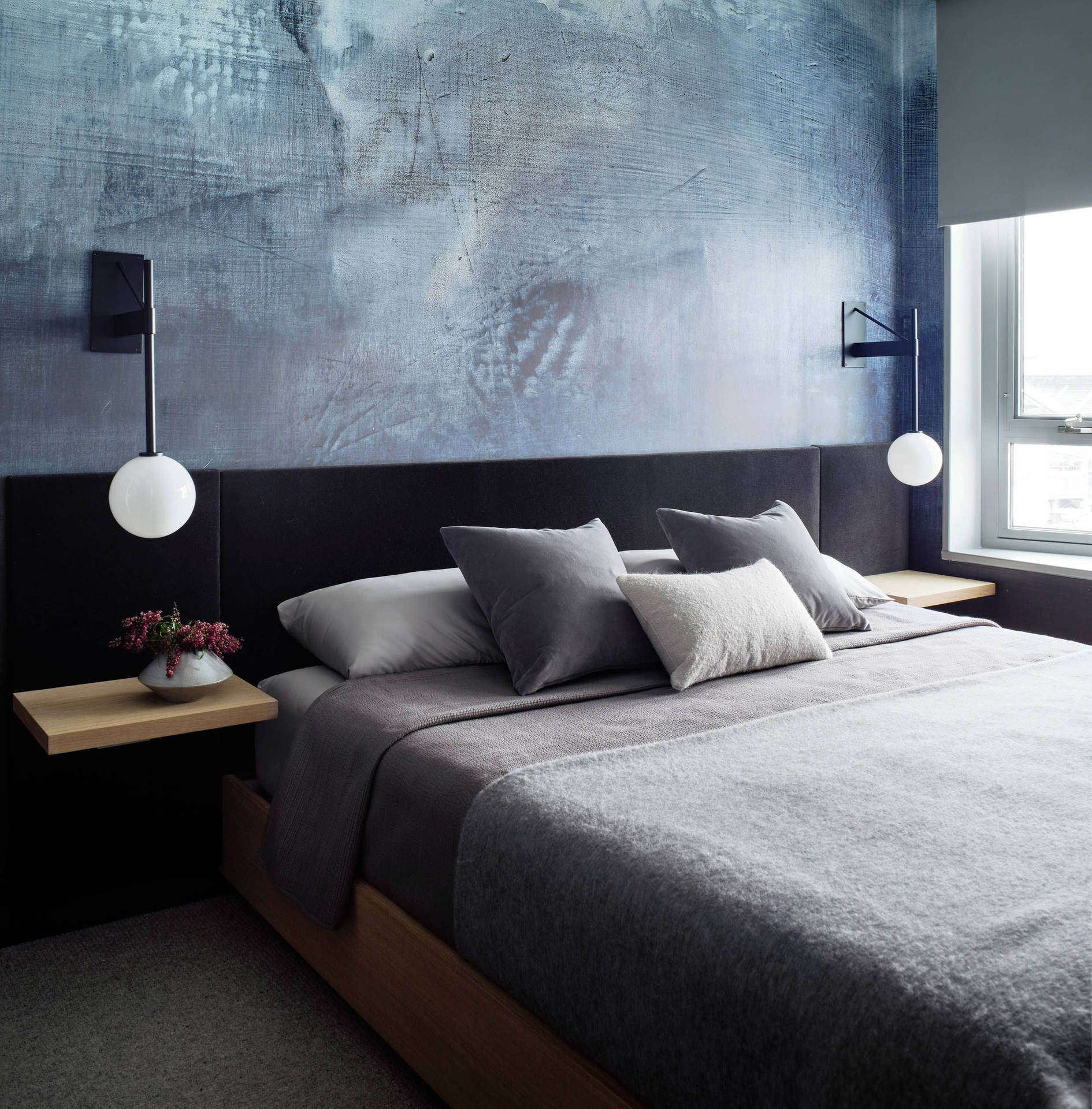 Grey Bed Inside A Bedroom Background